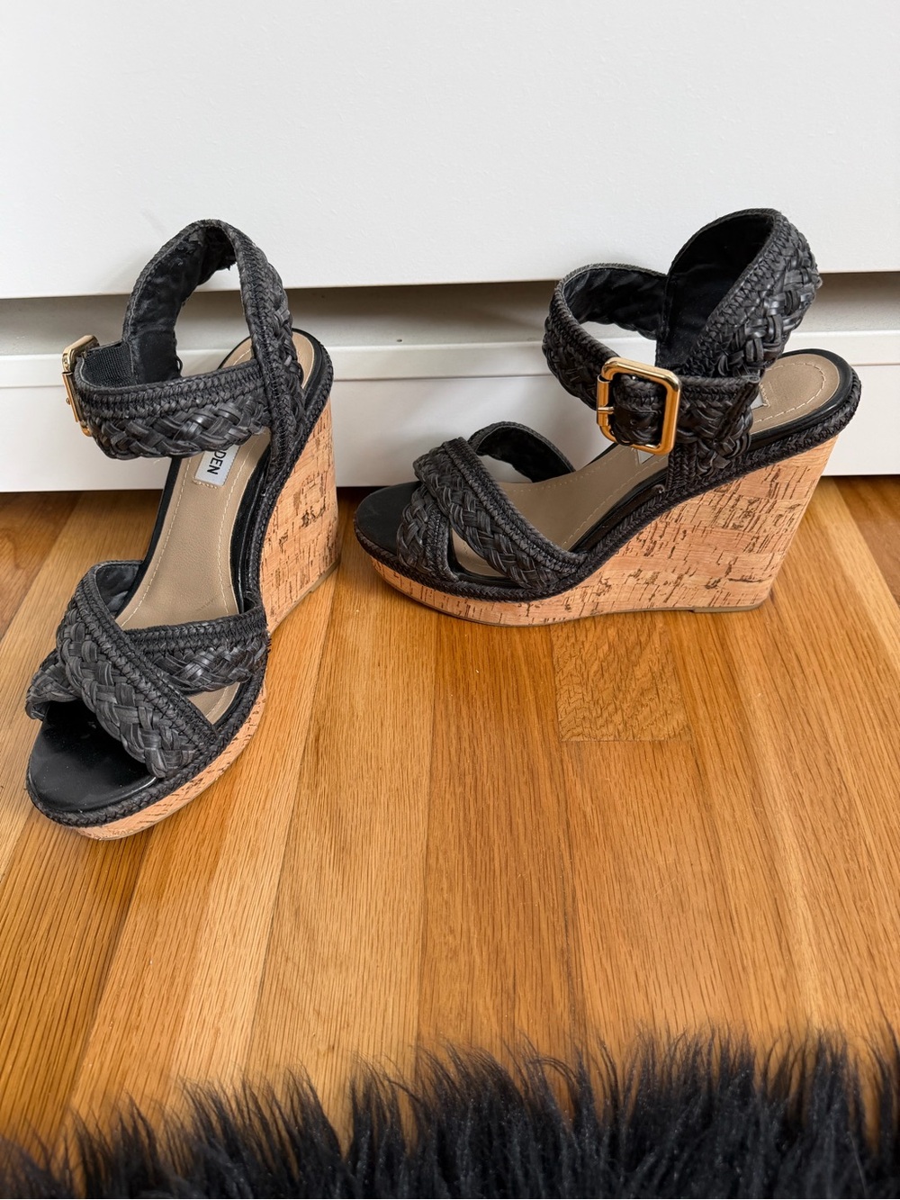 Steve Madden Black Braided Cork Wedge Sandals